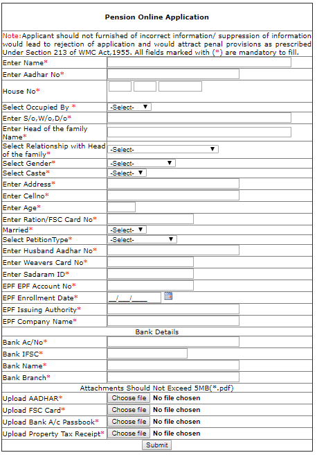 Aasara Pension in Online Application Form