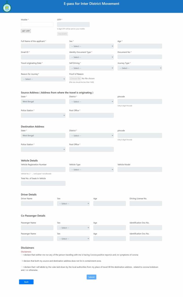 West Bengal E Pass Application Form