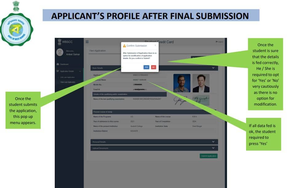 student credit card application form submission